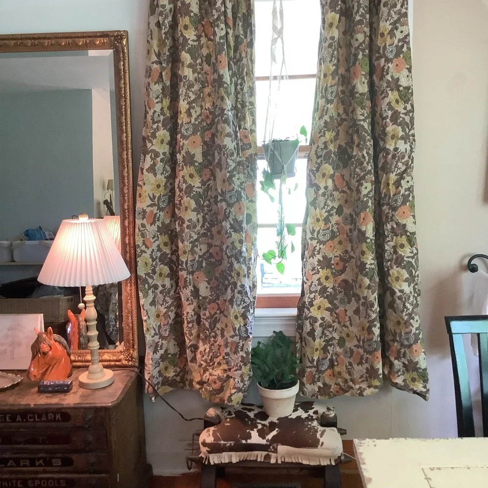 Vintage 60’s 70’s Cream Brown Orange Yellow Green Drapes Curtains 10 Pieces